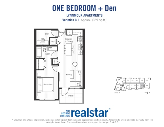 One bedroom den, one bathroom apartment layout at Lynnmour Apartments in North Vancouver, BC