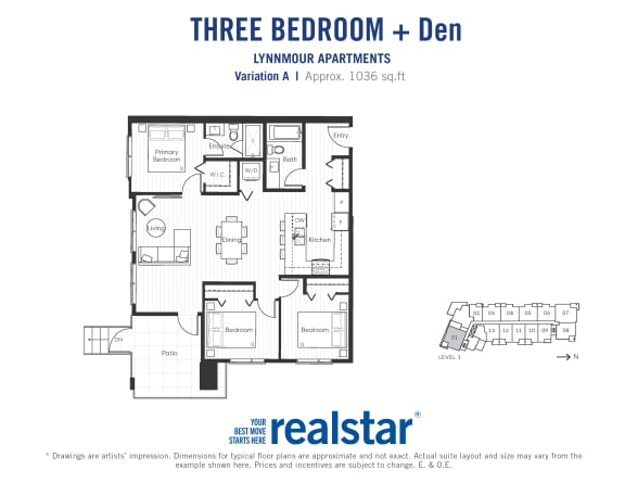 Three bedroom den, one bathroom apartment layout at Lynnmour Apartments in North Vancouver, BC