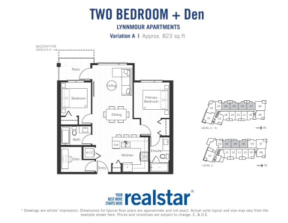 Two bedroom den, one bathroom apartment layout at Lynnmour Apartments in North Vancouver, BC