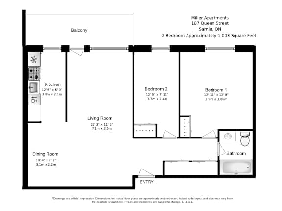 Two bedroom, one bathroom apartment layout at Miller Apartments in Sarnia, ON