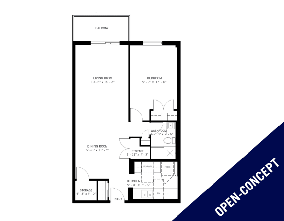 One bedroom, one bathroom apartment layout open concept at Millside Apartments in Milton, ON