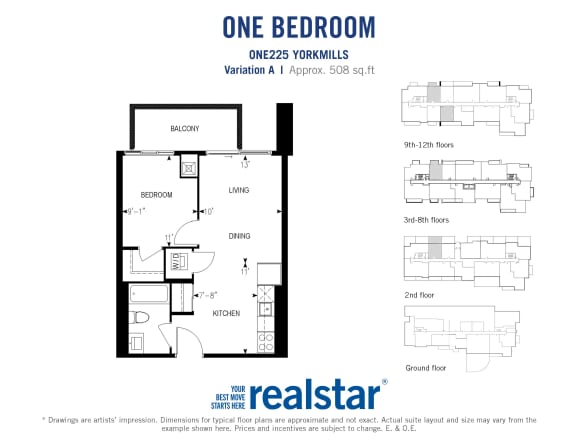One bedroom, one bathroom apartment layout at One225 Yorkmills Apartments in Toronto, ON