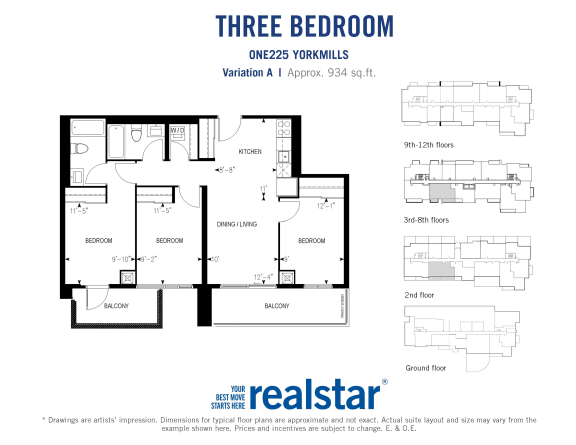 Three bedroom, two bathroom apartment layout at One225 Yorkmills Apartments in Toronto, ON