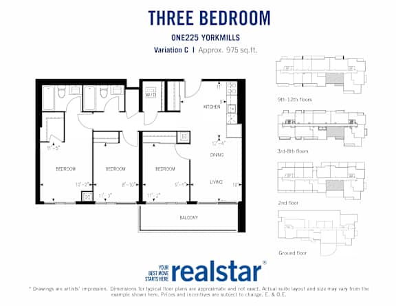 A floor plan for a three bedroom ONE225 Yorkmills Variation C 1 apartment.