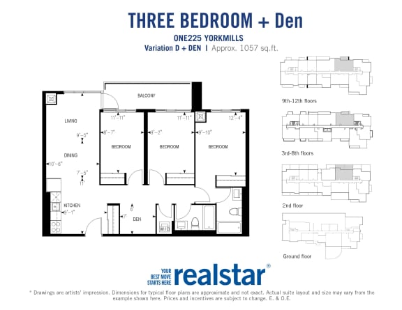 Three bedroom den, two bathroom apartment layout at One225 Yorkmills Apartments in Toronto, ON