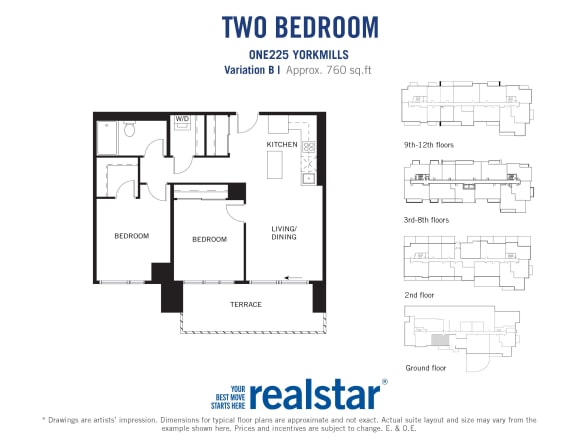 Two bedroom, one bathroom apartment layout at One225 Yorkmills Apartments in Toronto, ON