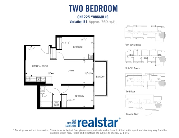 Two bedroom, one bathroom apartment layout at One225 Yorkmills Apartments in Toronto, ON