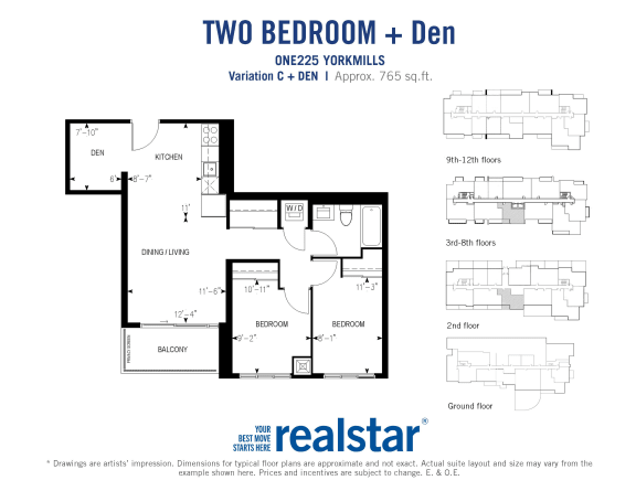 Two bedroom den, one bathroom apartment layout at One225 Yorkmills Apartments in Toronto, ON