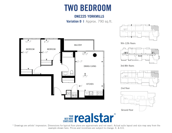 Two bedroom, one bathroom apartment layout at One225 Yorkmills Apartments in Toronto, ON
