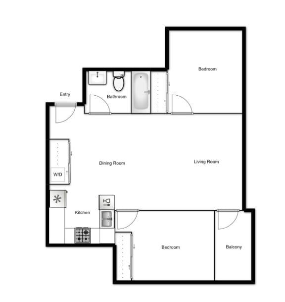 Floor plan of a 2 bed, 1 bath apartment at Novare in New Westminster, BC