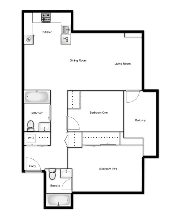 Floor plan of a 2 bed, 2 bath apartment at Novare in New Westminster, BC