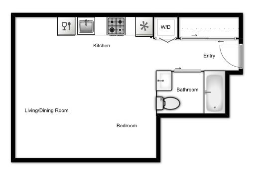Floor plan of a studio apartment, 1 bath at Novare in New Westminster, BC