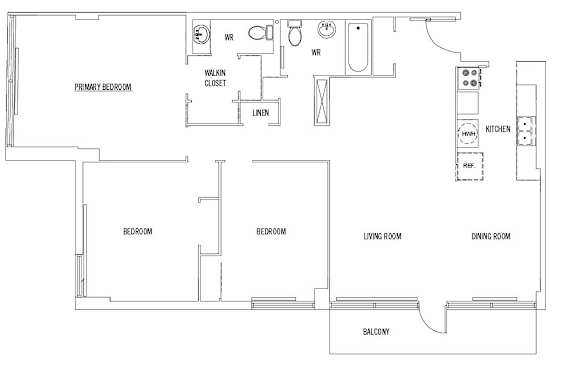 A floor plan of a house with a living room, dining room, kitchen, and three bedrooms.