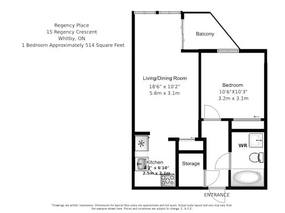 A floor plan of a one bedroom, one bathroom apartment in at Regency Place in Whitby, Ontario.