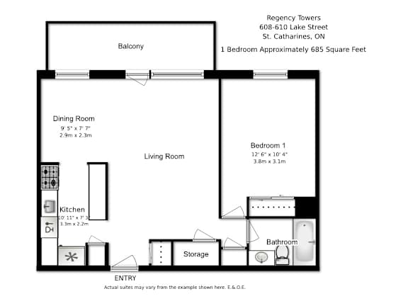 A black and white image of a floor plan for a one bedroom apartment.