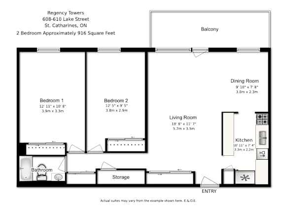 A floor plan for a two bedroom apartment at the Regency Towers.