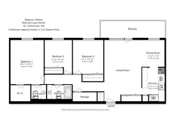 A black and white image of a floor plan for a 3 bedroom apartment.