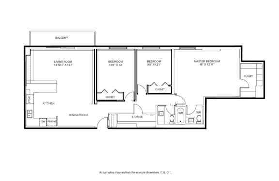 A floor plan for a 3 bedroom, 1.5 bathroom apartment at Silvercreek Towers in Georgetown, ON.