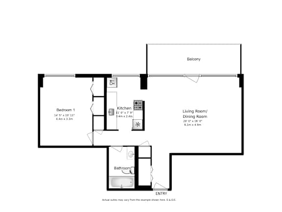 A floor plan of a one bedroom, one bathroom apartment at Somerset Place Apartments.