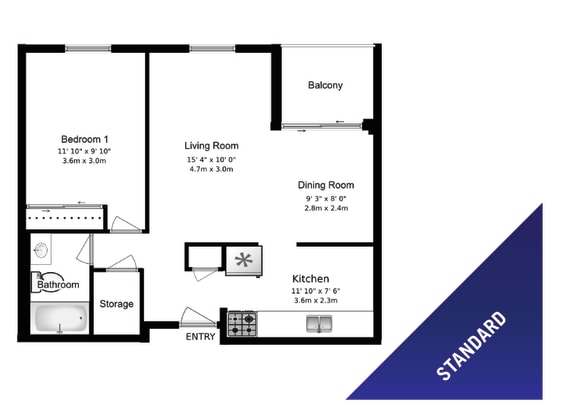 Squire Court Apartments 1 bedroom, 1 bathroom standard floor plan variation A in St. Catharines, ON