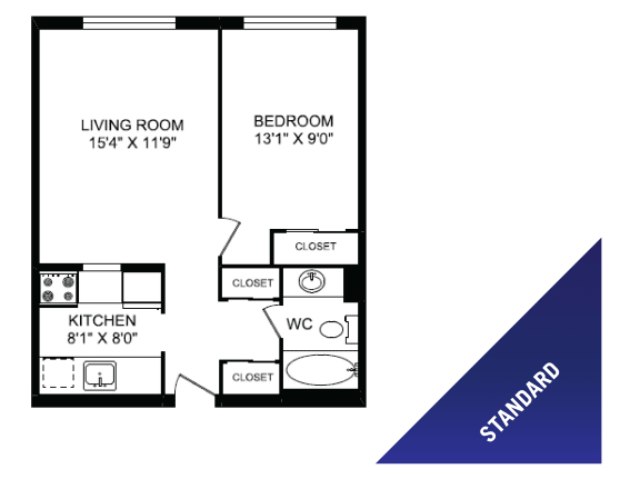 One bedroom, one bathroom standard apartment layout at St. Lawrence Village in St. Catharines, ON