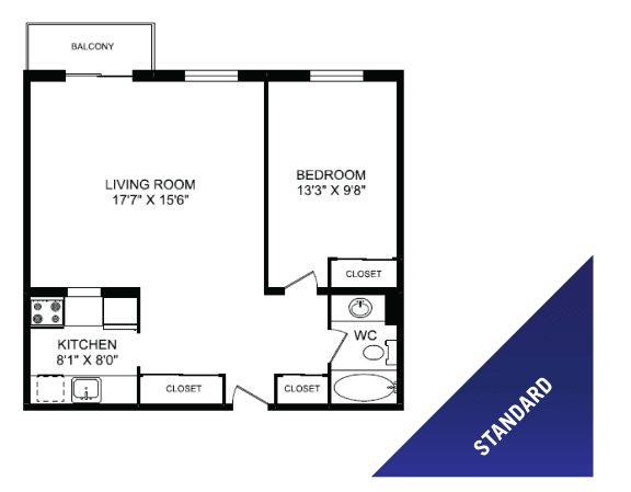 One bedroom, one bathroom standard apartment layout at St. Lawrence Village in St. Catharines, ON