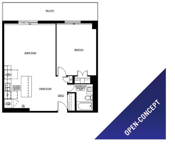 One bedroom, one bathroom apartment layout at St. Lawrence Village in St. Catharines, ON