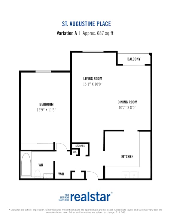 A floor plan for a home by realstar shows a bedroom, living room, dining room, kitchen, and balcony.