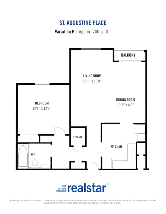 A floor plan for a home with a living room, dining room, bedroom, and kitchen.