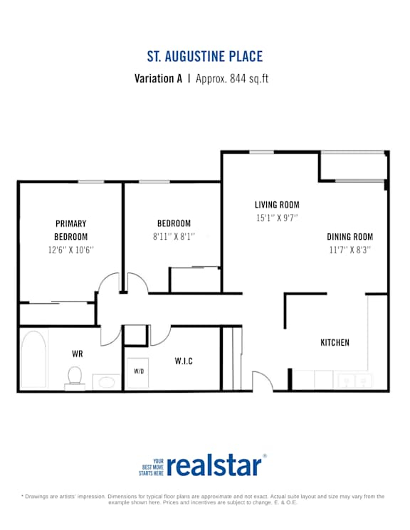 A floor plan for a home by realstar shows a living room, two bedrooms, a dining room, a kitchen, a laundry room, and a garage.