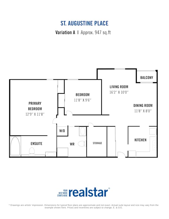 A floor plan for a home by realstar shows a living room, a dining room, a kitchen, a bedroom, a primary bedroom, a den, an en suite, a storage area, and a balcony.