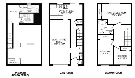 Three bedroom, one bathroom apartment layout at Taunton Terrace in Oshawa, ON
