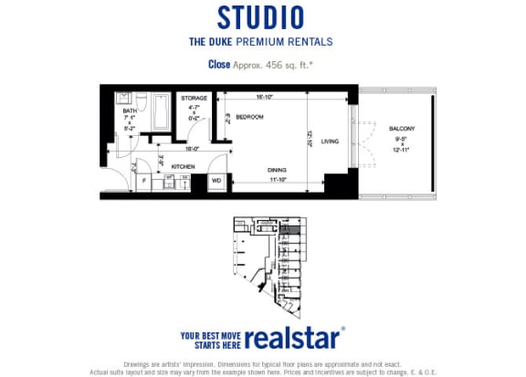 The Duke in Vancouver, BC floor plan of studio 1 bathroom with balcony