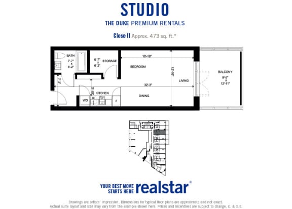 The Duke in Vancouver, BC floor plan of studio with 1 bathroom and balcony