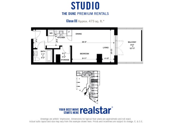 The Duke in Vancouver, BC floor plan studio suite with 1 bathroom and balcony