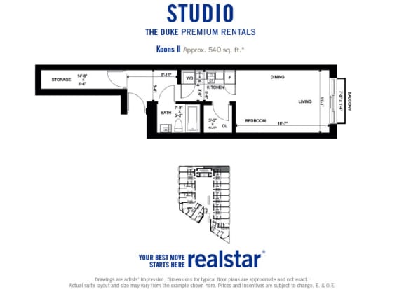 The Duke in Vancouver, BC floor plan of open concept studio with 1 bathroom