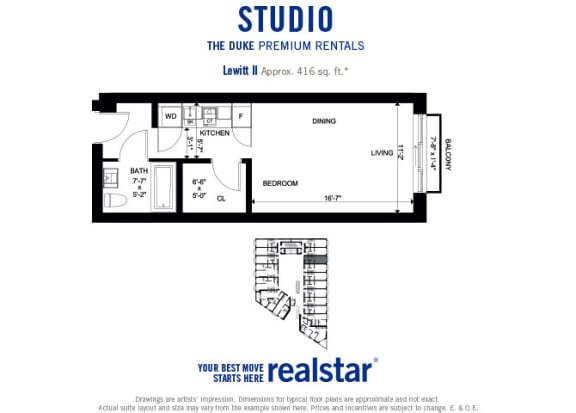 The Duke in Vancouver, BC floor plan of studio with 1 bathroom