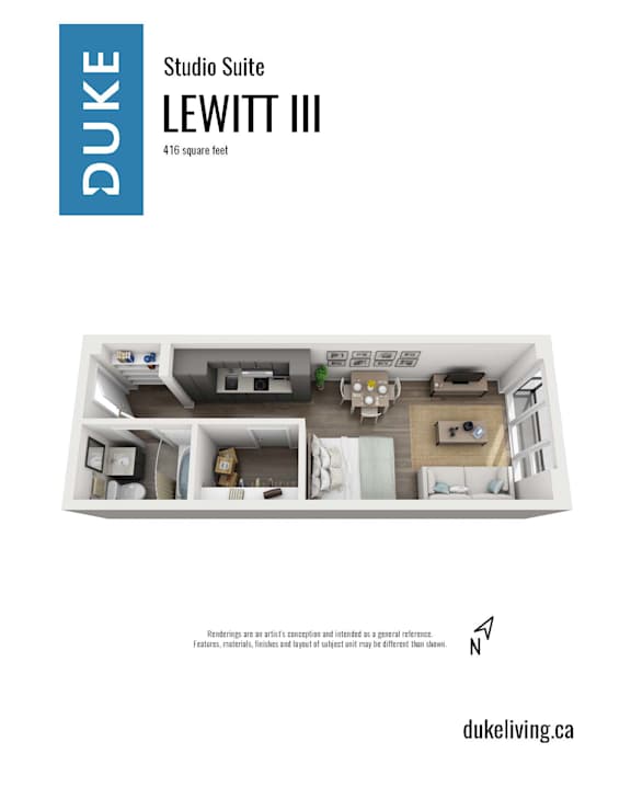 A floor plan of a 416 square foot Studio Suite named LEWITT III.
