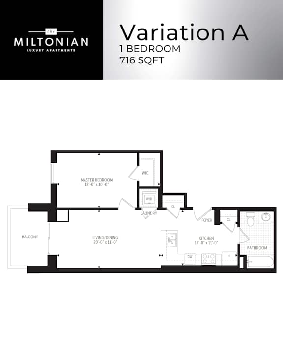 A floor plan for a 1 bedroom apartment at Miltonian Luxury Apartments.