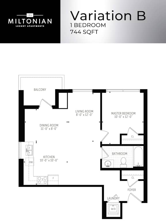 A floor plan for a 1 bedroom apartment by Miltonian Luxury Apartments.
