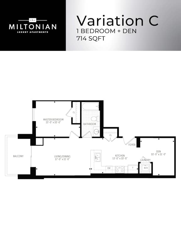 A floor plan for a 1 bedroom apartment with den is shown.