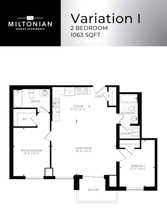 A floor plan for a 2 Bedroom apartment at Miltonian Luxury Apartments.