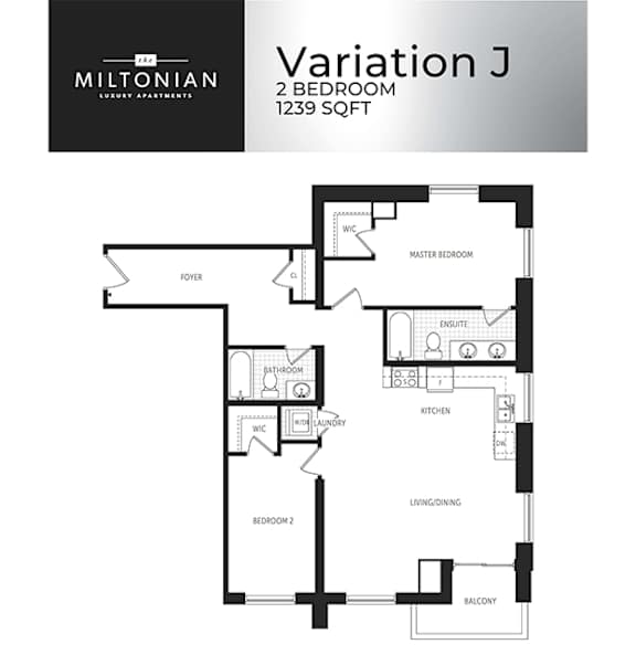 A floor plan for a 2 bedroom apartment at the Miltonian Luxury Apartments.