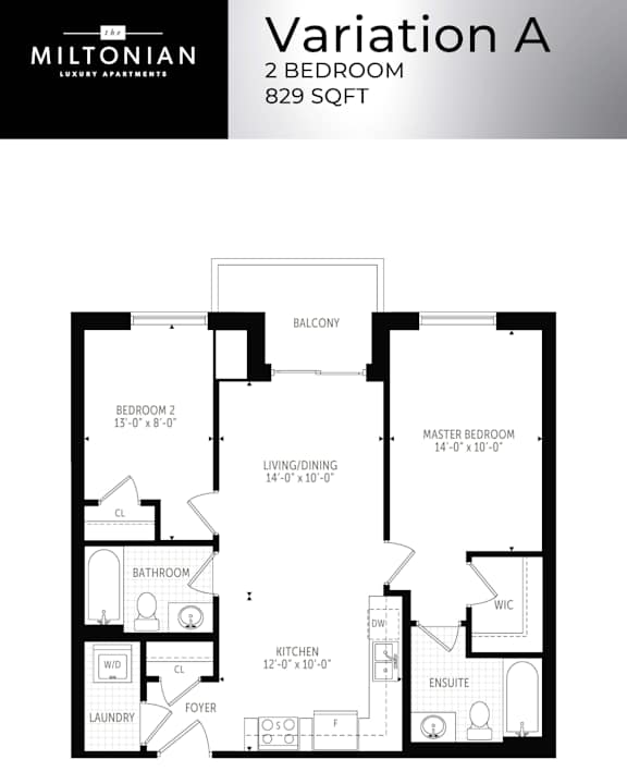 A floor plan for a 2 bedroom apartment at Miltonian Luxury Apartments.