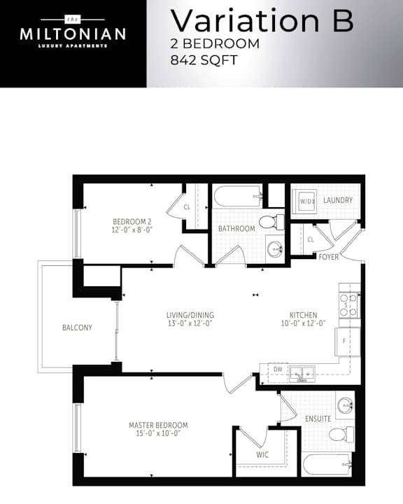 A floor plan for a 2 bedroom apartment sized 842 square feet.