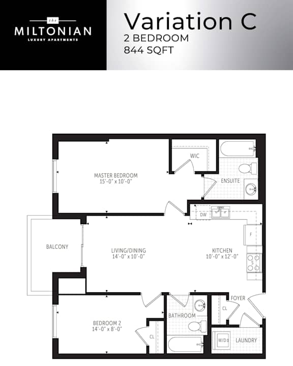 A floor plan for a 2 bedroom apartment at Miltonian Luxury Apartments.