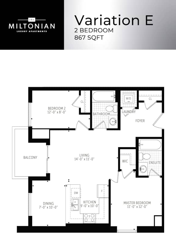A floor plan for a 2 bedroom apartment at Miltonian.