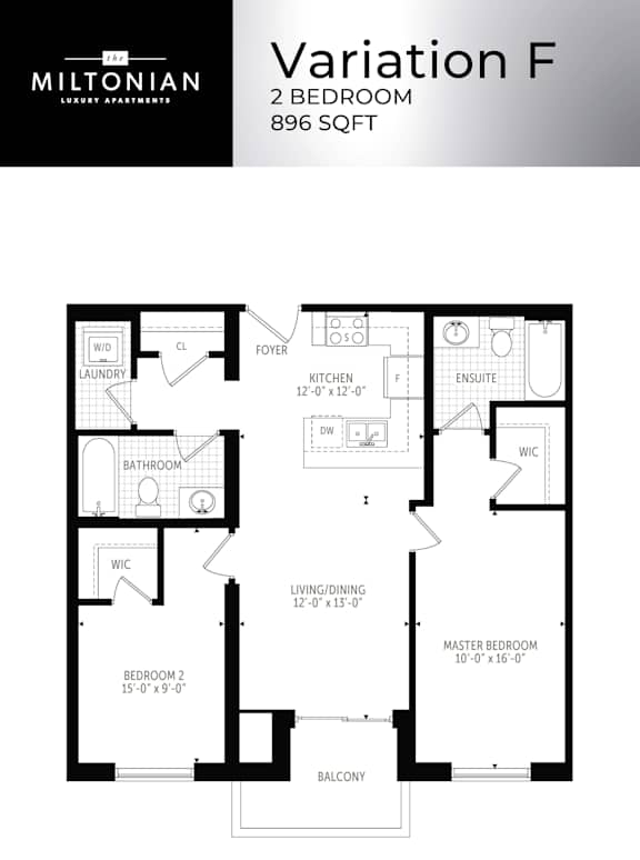 A floor plan for a 2 Bedroom apartment at Miltonian.