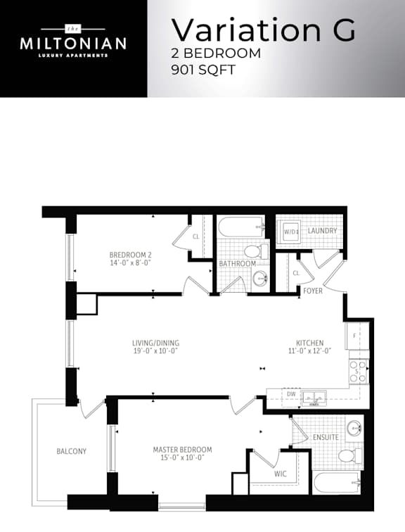 A floor plan for a 2 bedroom apartment at 901 Sqft.