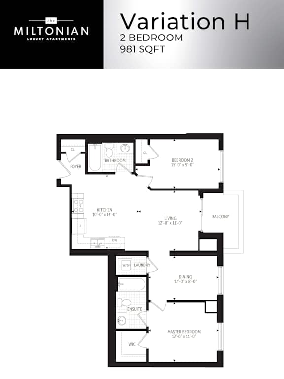 A floor plan for a 2 bedroom apartment at Miltonian.